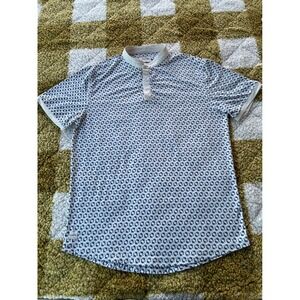 Mantra Catalyst Polo Shirt Mens Large Blue White Whale Print Band Collar Stretch